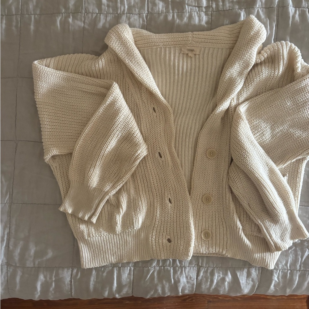 OZMA Cream Ribbed Cardigan Sweater